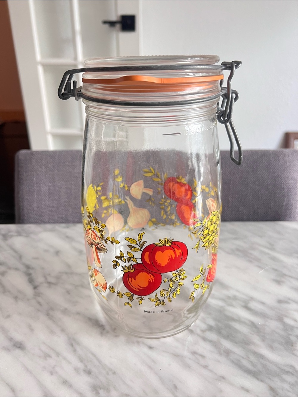 Vintage French Glass Jar with Red Tomato Illustration